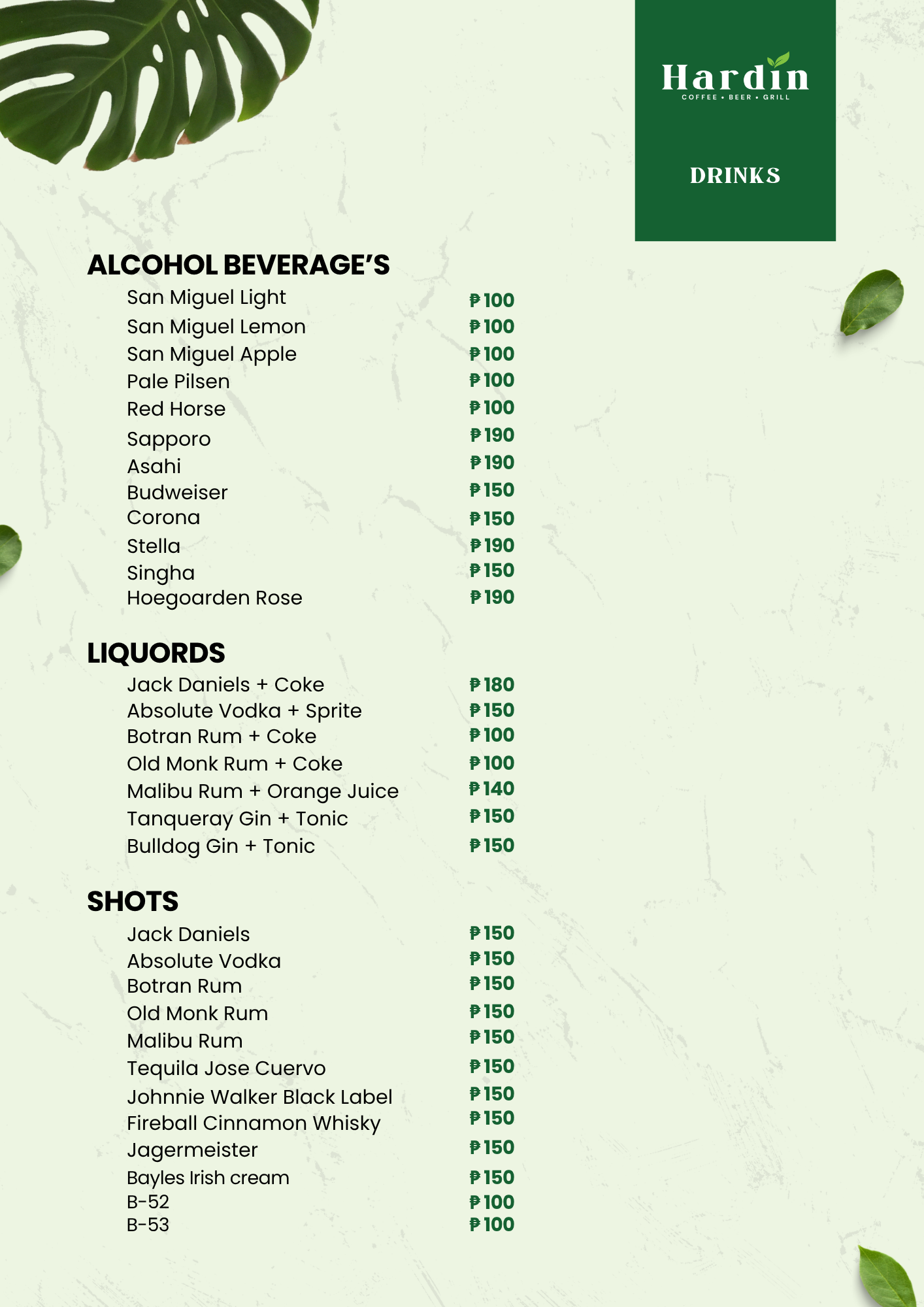 Liquors & Shots menu page